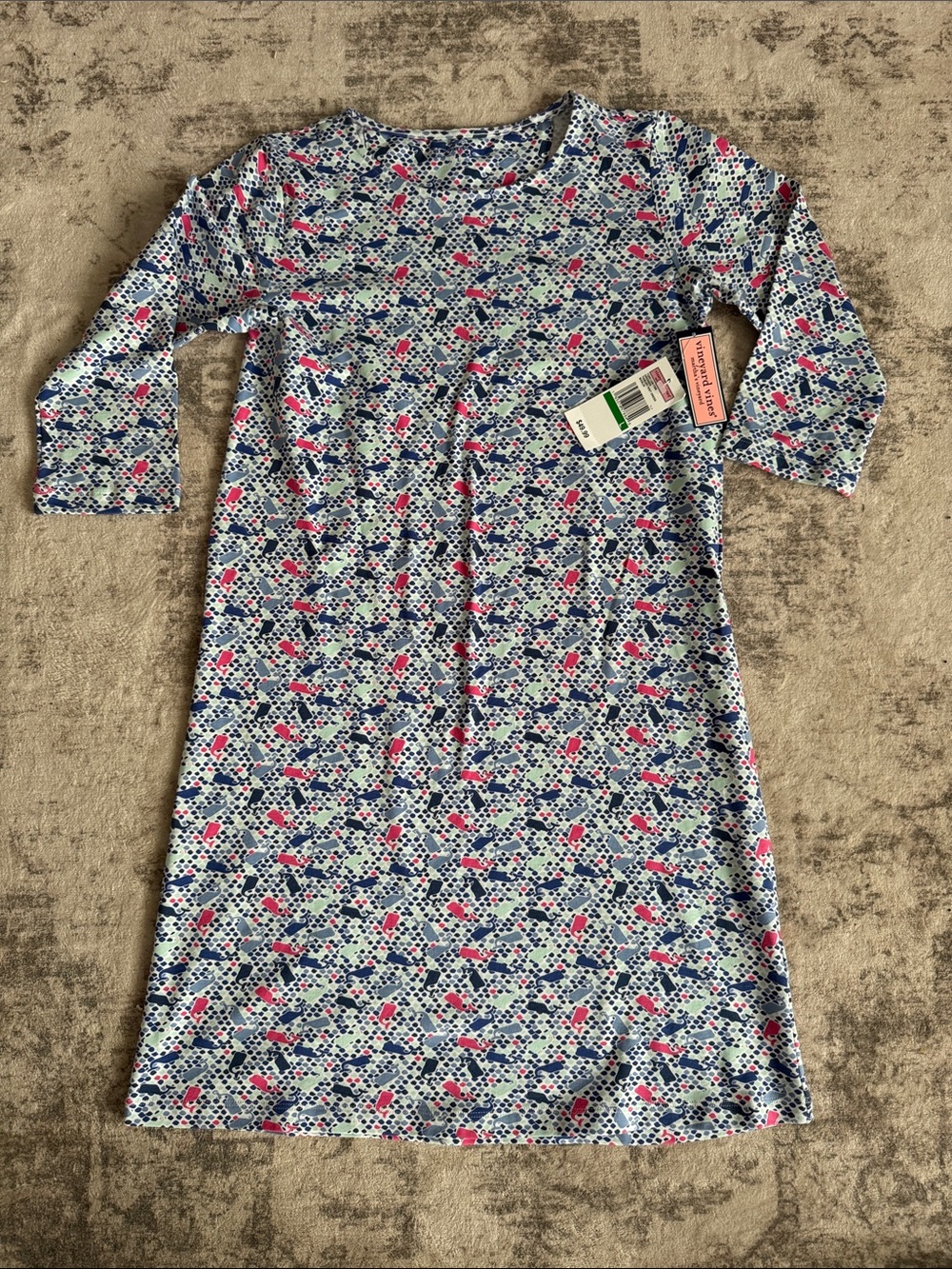 Vineyard Vines Girls' Long Sleeve Dress in Blue & Pink Dot Stripe